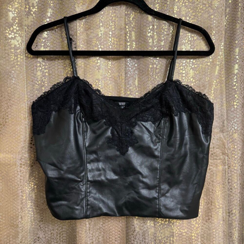 Express Black Body Contour Faux Leather Lace Cropped Cami‎ Large